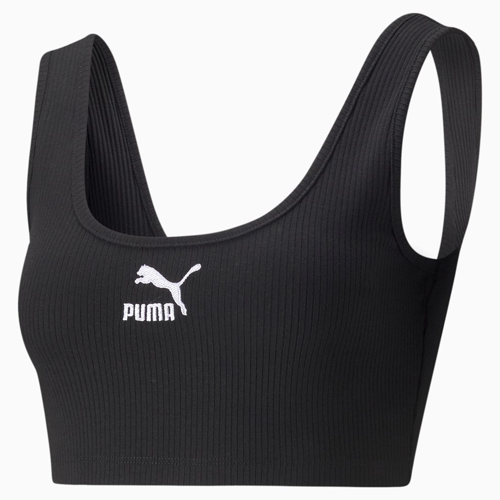 Hauts Puma Classics Ribbed Crop Femme Noir | 5968741-YB