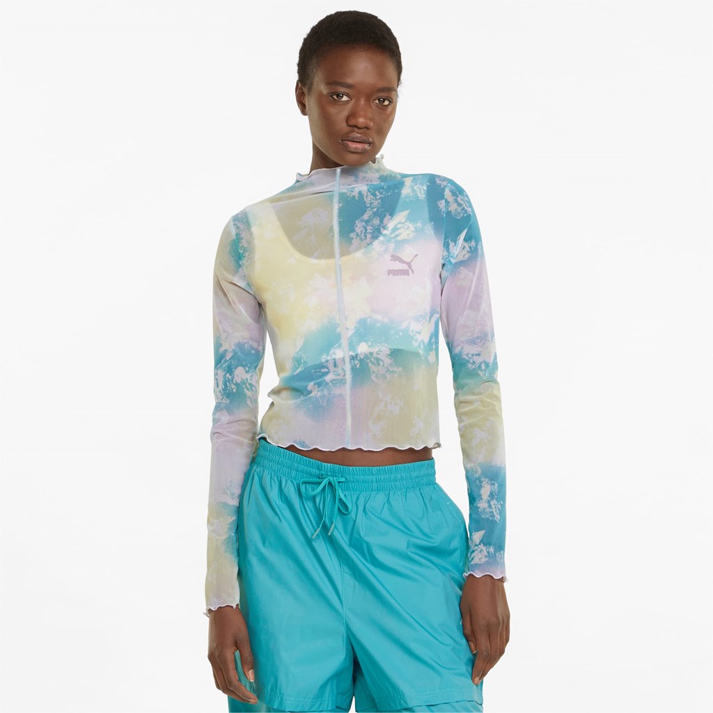 T Shirt Running Puma Crystal Galaxy Printed Long Sleeve Fitted Femme Porcelain | 0518697-CS